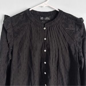 Zara Eyelet Ruffle Pintuck Cotton Long Sleeve Button Down Shirt